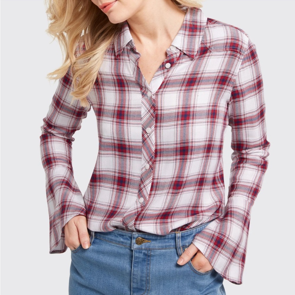 Draper James Bell Sleeve Plaid Button Up NWOT